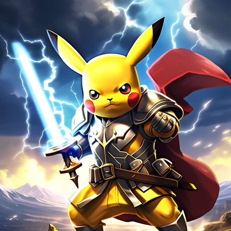 Pikachu as a medieval knight in golden armor, standing on a battlefield with a thunderstorm in the background, holding a glowing lightning sword