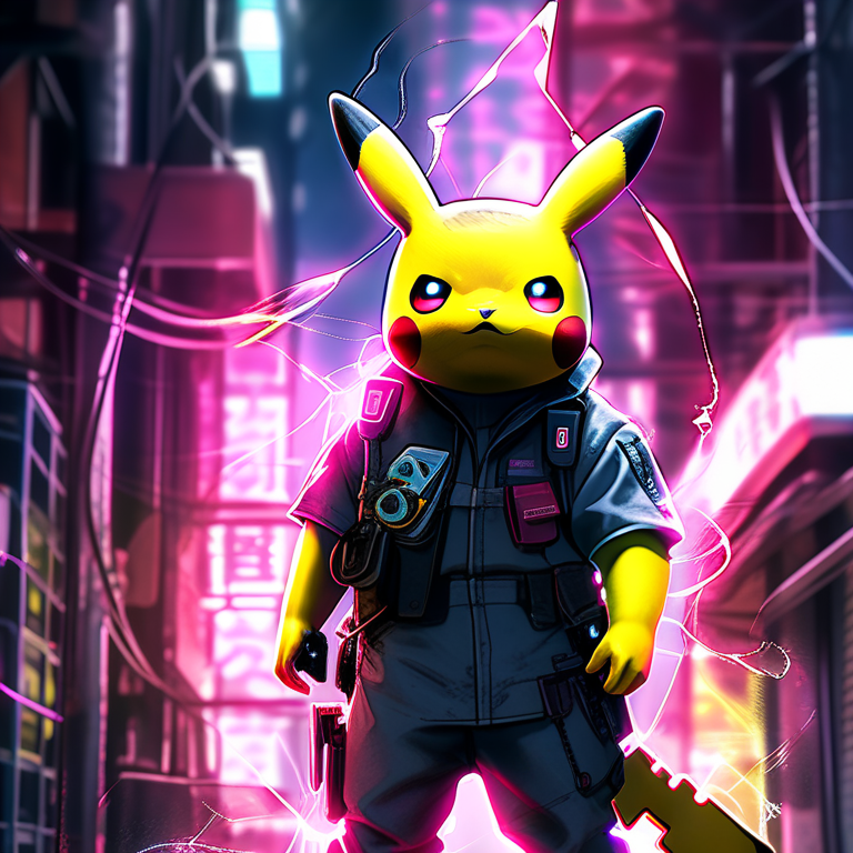 Cyberpunk Pikachu with neon lights, robotic limbs, and electric sparks in a futuristic Tokyo alley at night