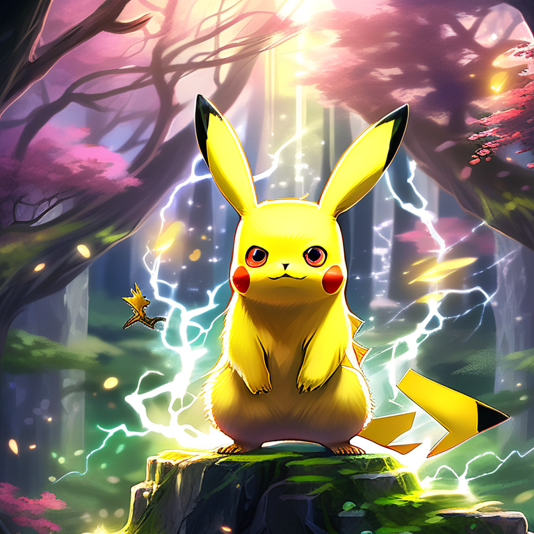 Pikachu as a mythical forest guardian with glowing eyes, surrounded by ancient trees and magical creatures