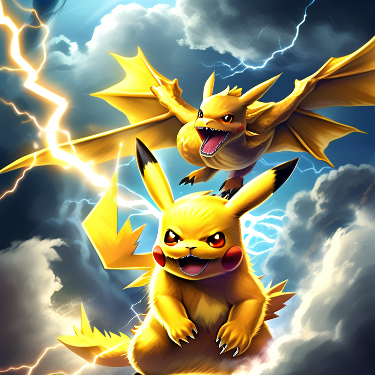 Dragon rider Pikachu flying through storm clouds on a dragon made of lightning