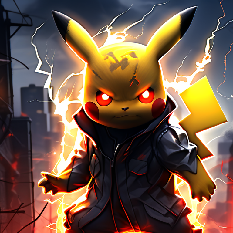 Shadow Pikachu in a ruined city at night, with glowing red eyes and crackling black lightning