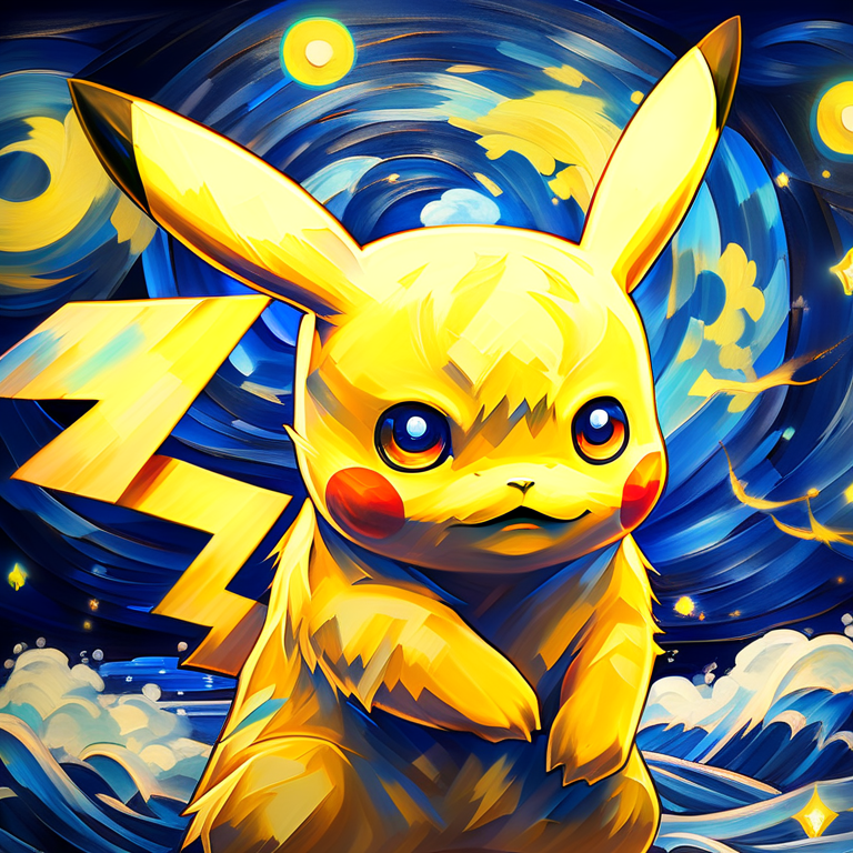Pikachu in Van Gogh’s Starry Night style, with swirls of lightning in the sky