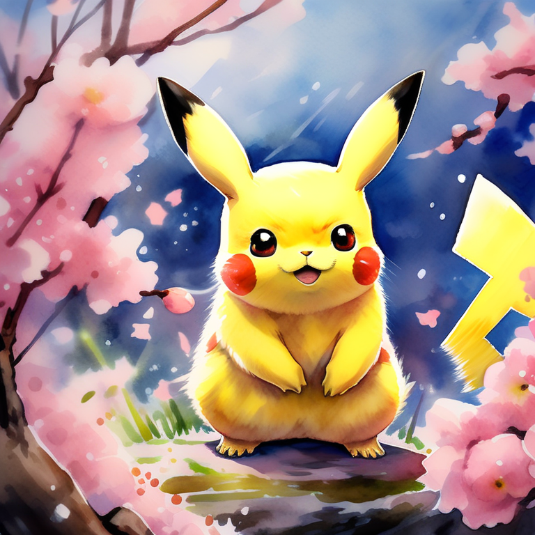 Watercolor painting of Pikachu playing in a field of cherry blossoms during spring