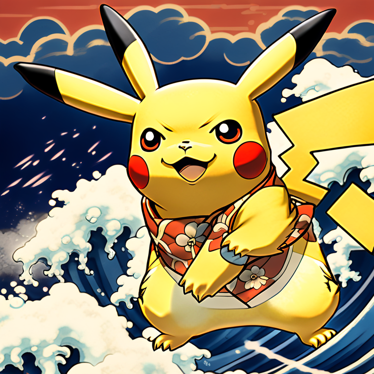 Pikachu in traditional Japanese ukiyo-e style, riding a wave with thunderclouds above
