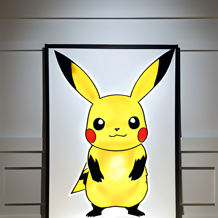 Minimalist Pikachu silhouette glowing against a vast white canvas, outlined with clean black ink strokes